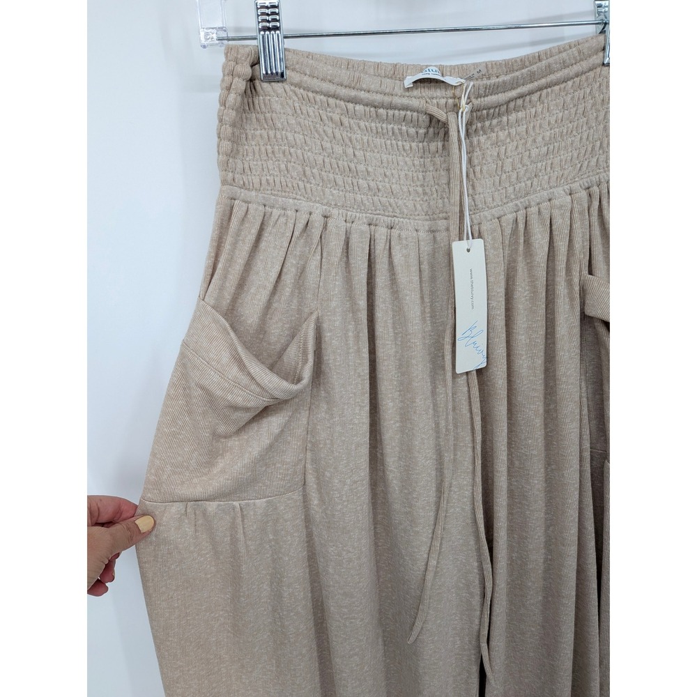 Blu Ivy Wide Leg Pants Women Medium Beige Smocked Waist Boho Baggy Lagenlook - Picture 2 of 8
